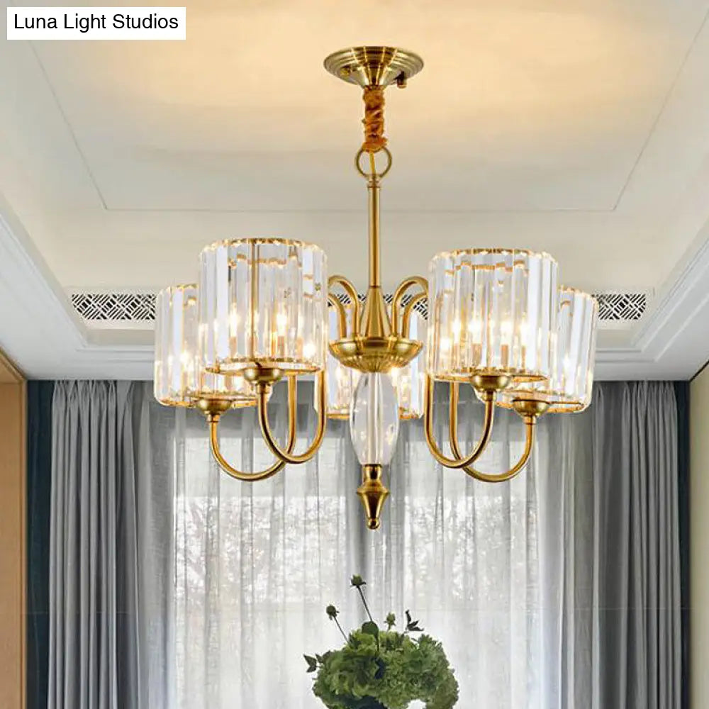 Contemporary Crystal Cylinder Ceiling Chandelier With Brass Pendant - 3/5/6 Heads 5 /