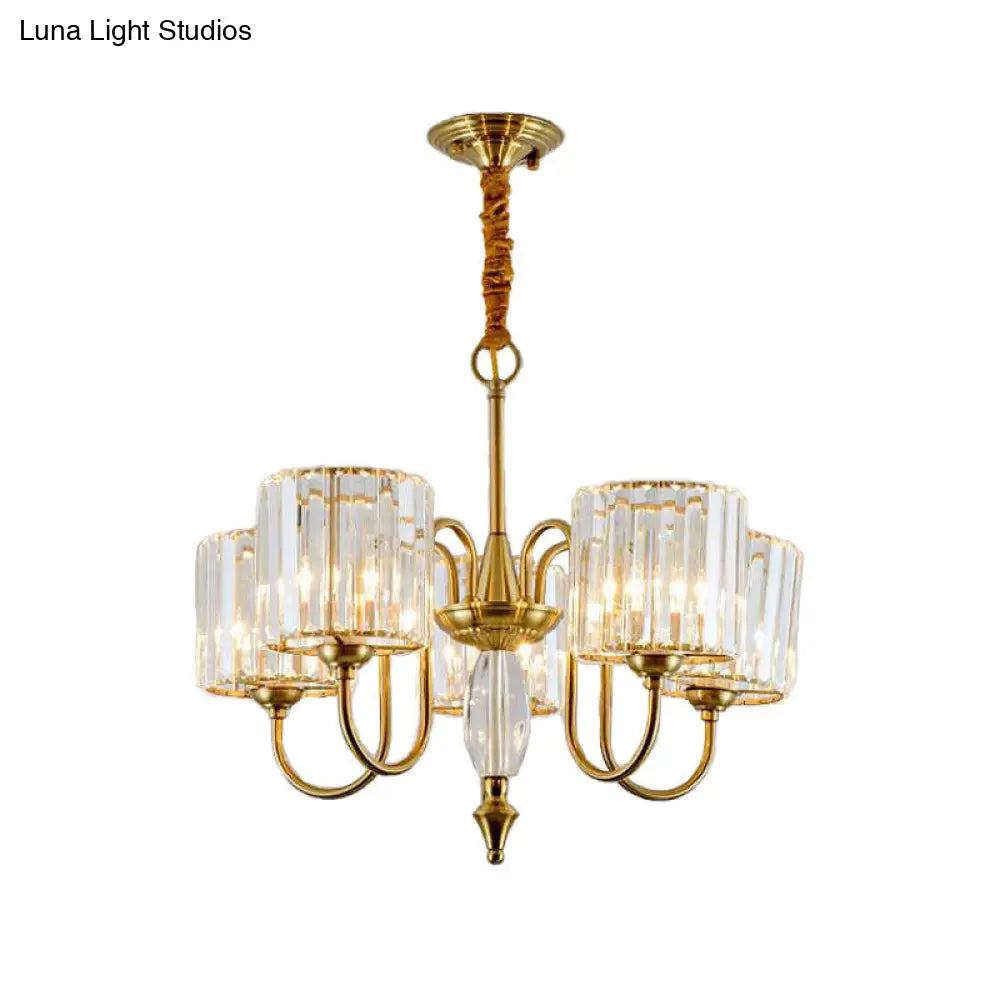 Contemporary Crystal Cylinder Ceiling Chandelier With Brass Pendant - 3/5/6 Heads