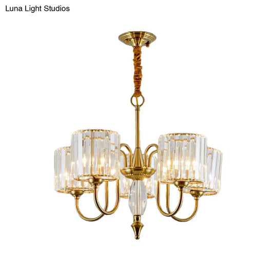 Contemporary Crystal Cylinder Ceiling Chandelier With Brass Pendant - 3/5/6 Heads