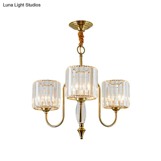 Contemporary Crystal Cylinder Ceiling Chandelier With Brass Pendant - 3/5/6 Heads