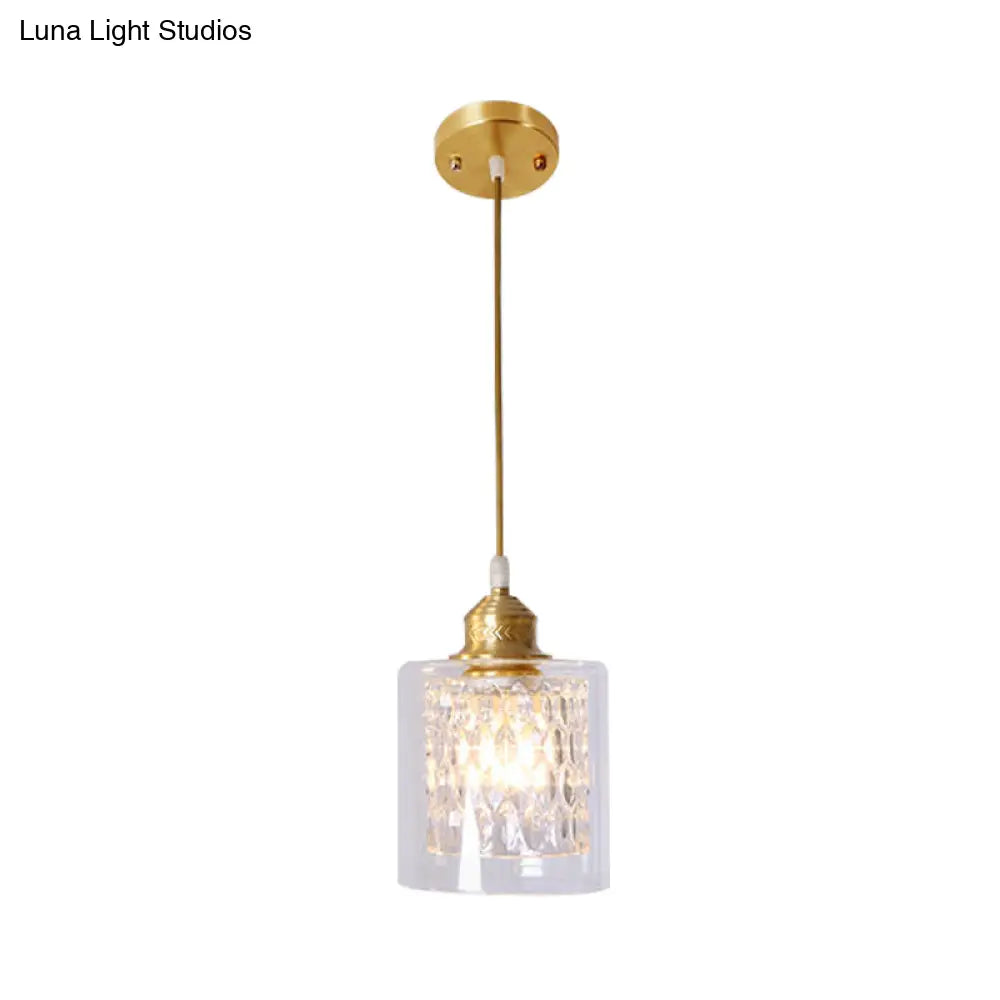 Contemporary Brass Cylinder Pendant Light With Double Clear Glass Shade