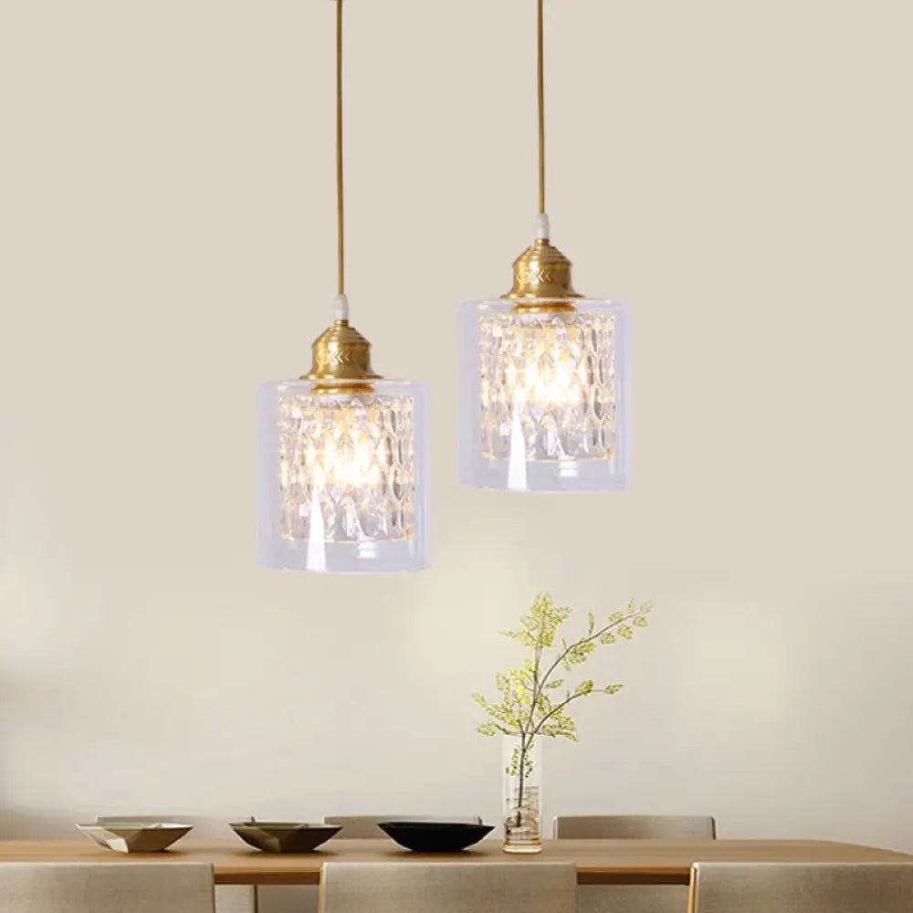 Contemporary Brass Cylinder Pendant Light With Double Clear Glass Shade