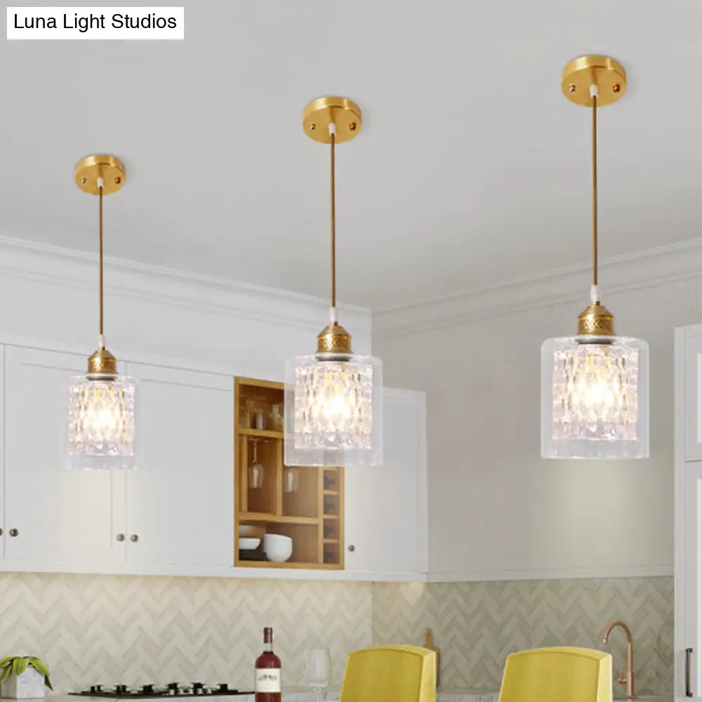 Contemporary Brass Cylinder Pendant Light With Double Clear Glass Shade