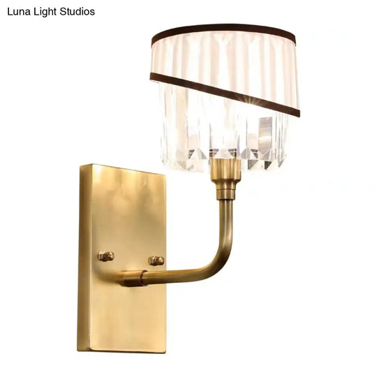 Contemporary Brass Cylinder Sconce With Crystal And Curved Arm Wall Mount Light