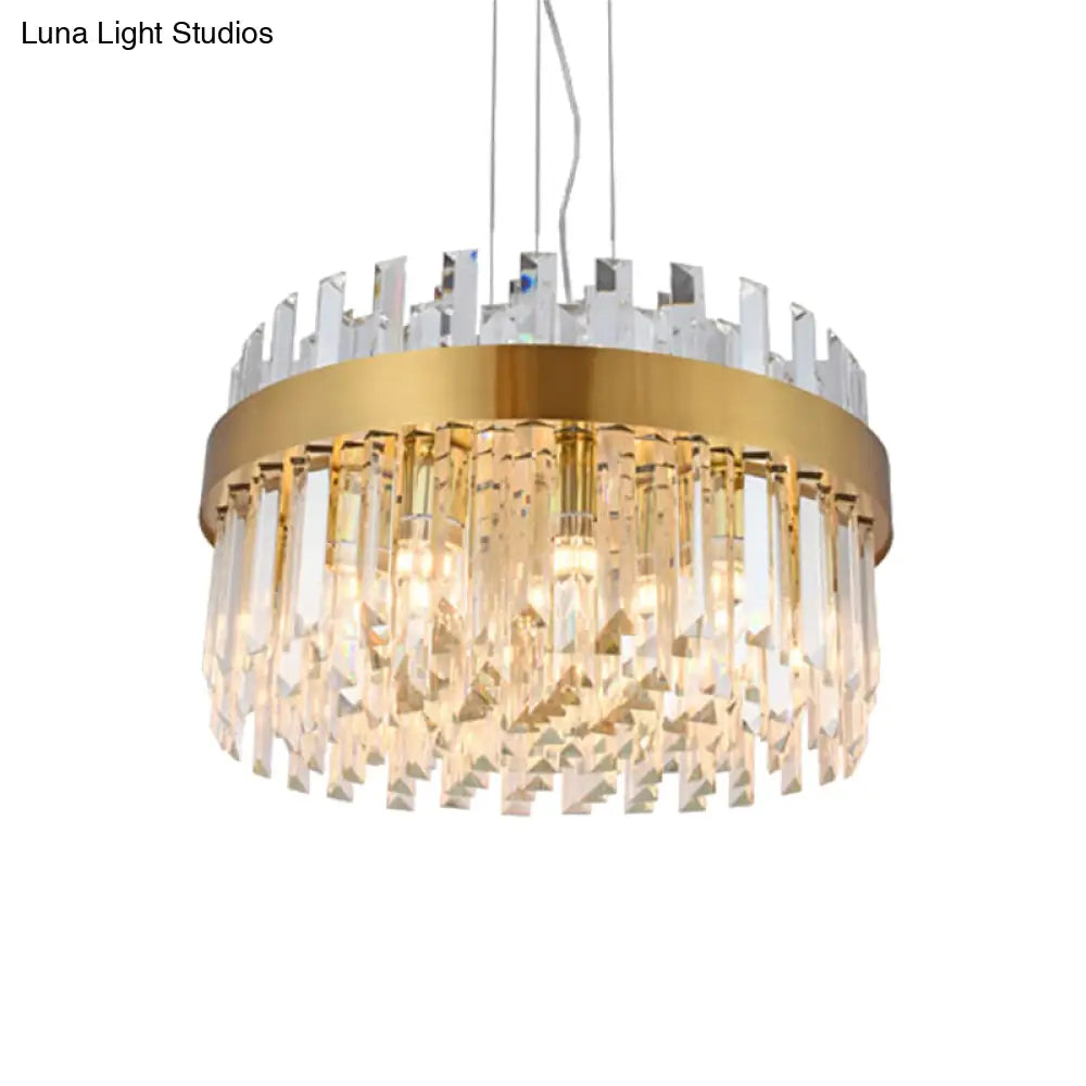 Contemporary Brass Drum Chandelier With Crystal Facets - 5-Light Ceiling Pendant