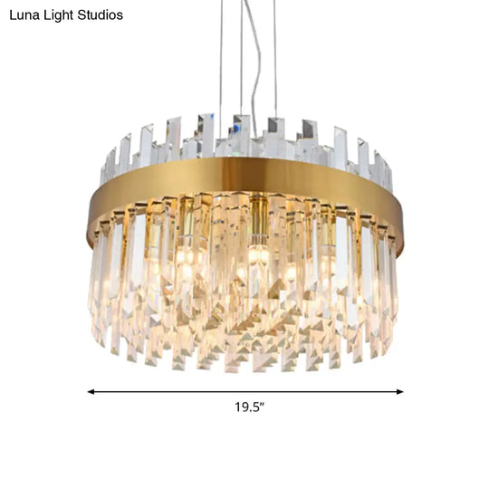 Contemporary Brass Drum Chandelier With Crystal Facets - 5-Light Ceiling Pendant