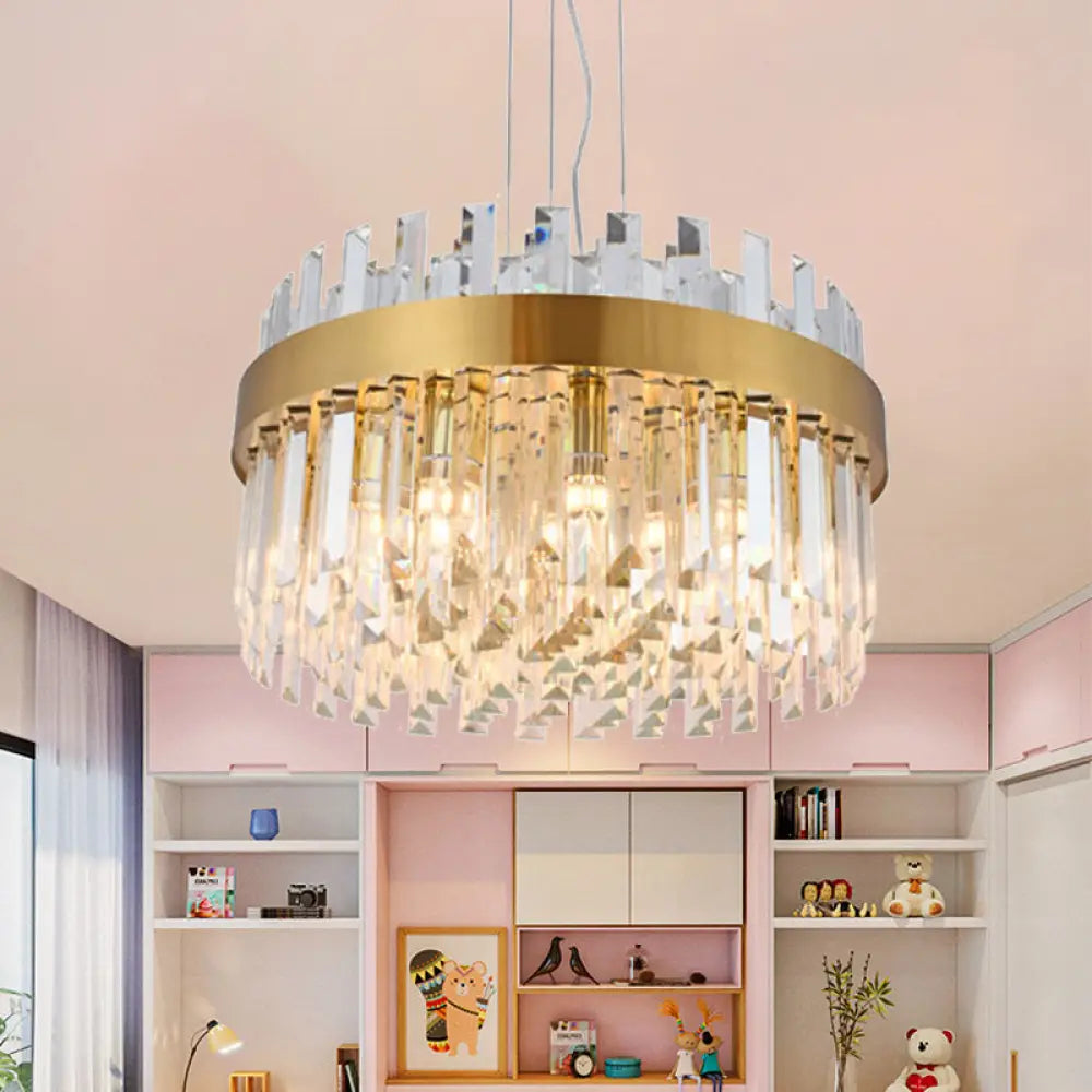 Contemporary Brass Drum Chandelier With Crystal Facets - 5-Light Ceiling Pendant