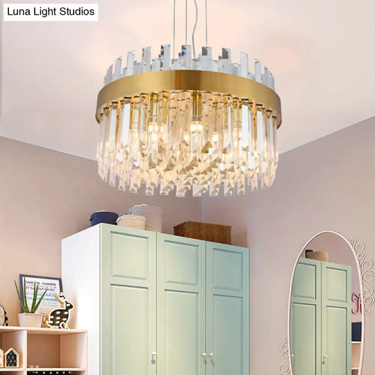 Contemporary Brass Drum Chandelier With Crystal Facets - 5-Light Ceiling Pendant