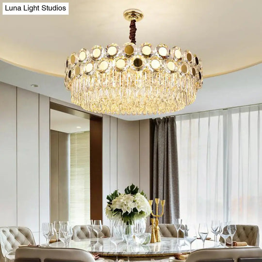 Contemporary 9-Head Brass Drum Chandelier With Faceted Crystal Hangings