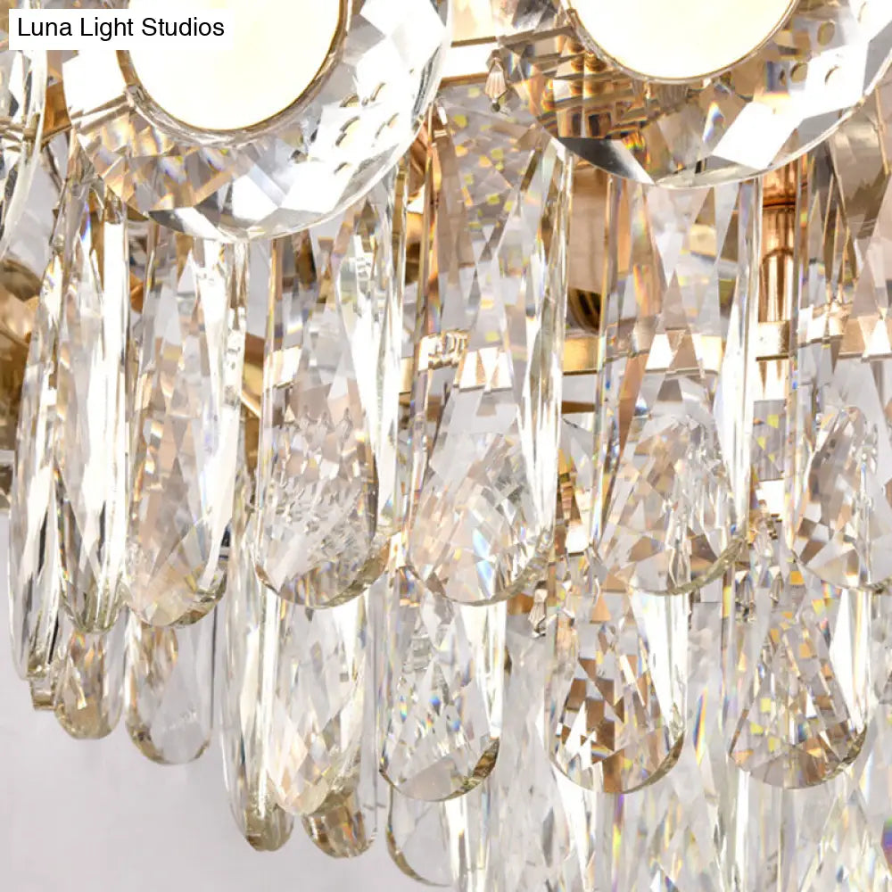 Contemporary 9-Head Brass Drum Chandelier With Faceted Crystal Hangings