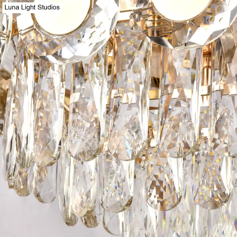 Contemporary Brass Drum Chandelier With Crystal Facets - 9-Light Hanging Pendant Ceiling Fixture