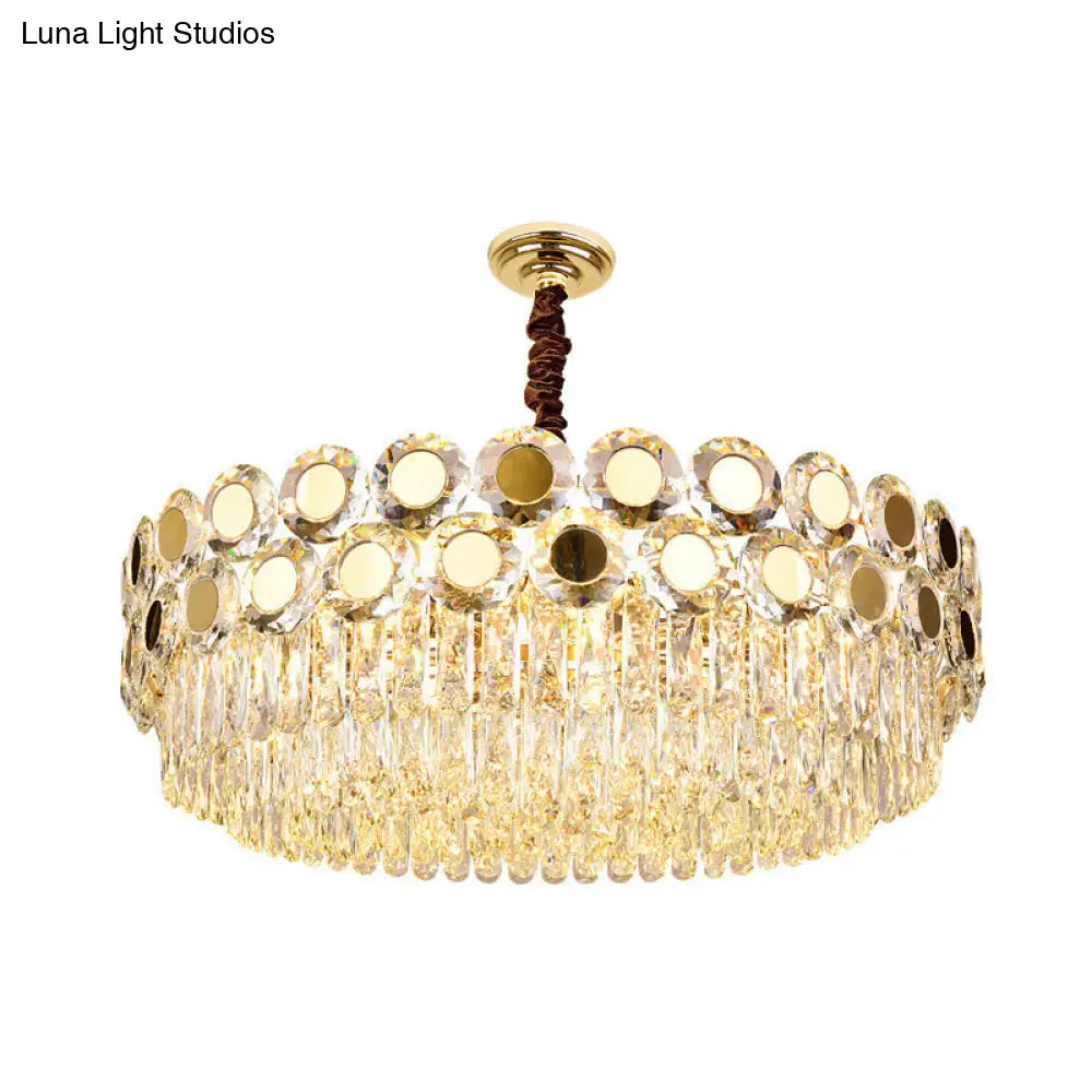 Contemporary 9-Head Brass Drum Chandelier With Faceted Crystal Hangings