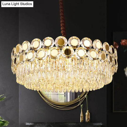 Contemporary 9-Head Brass Drum Chandelier With Faceted Crystal Hangings