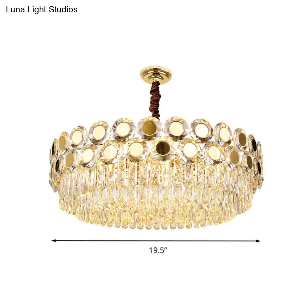 Contemporary Brass Drum Chandelier With Crystal Facets - 9-Light Hanging Pendant Ceiling Fixture