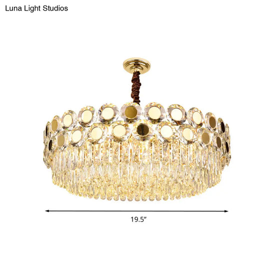 Contemporary Brass Drum Chandelier With Crystal Facets - 9-Light Hanging Pendant Ceiling Fixture