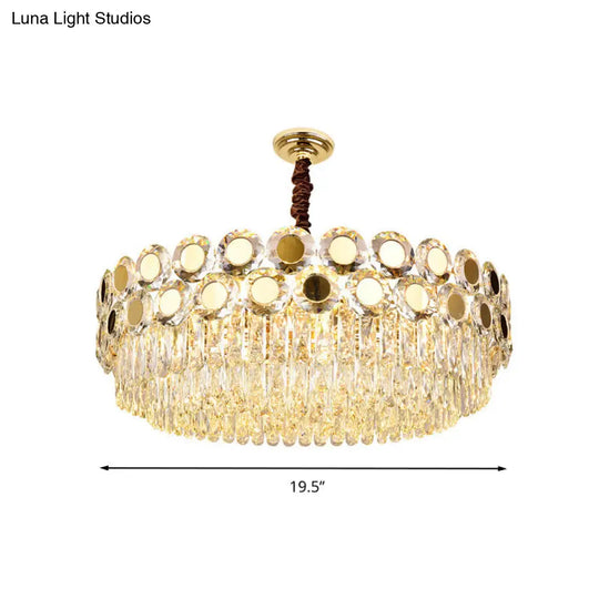 Contemporary 9-Head Brass Drum Chandelier With Faceted Crystal Hangings