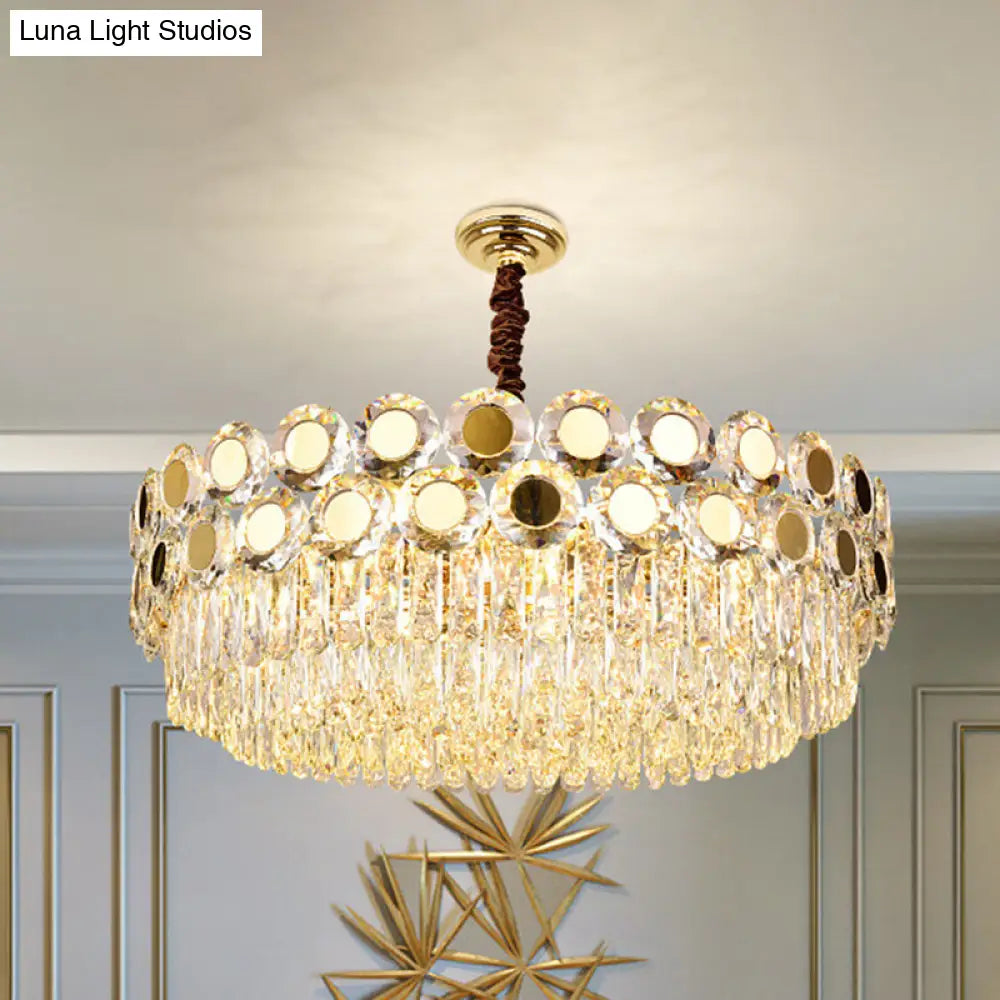 Contemporary 9-Head Brass Drum Chandelier With Faceted Crystal Hangings