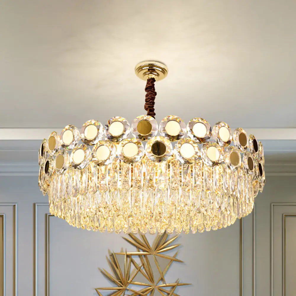 Contemporary Brass Drum Chandelier With Crystal Facets - 9-Light Hanging Pendant Ceiling Fixture