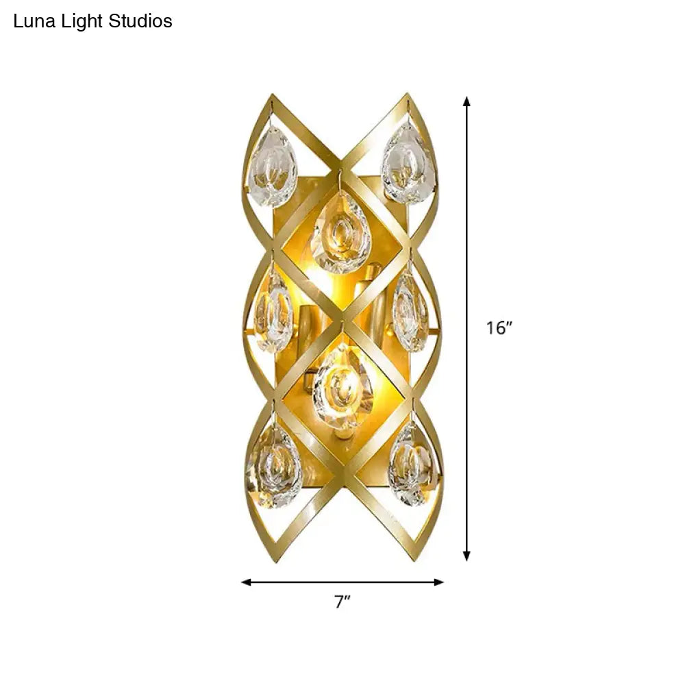 Contemporary Brass Finish Teardrop Sconce: Clear Crystal Wall Light With 2 Lights For Living Room