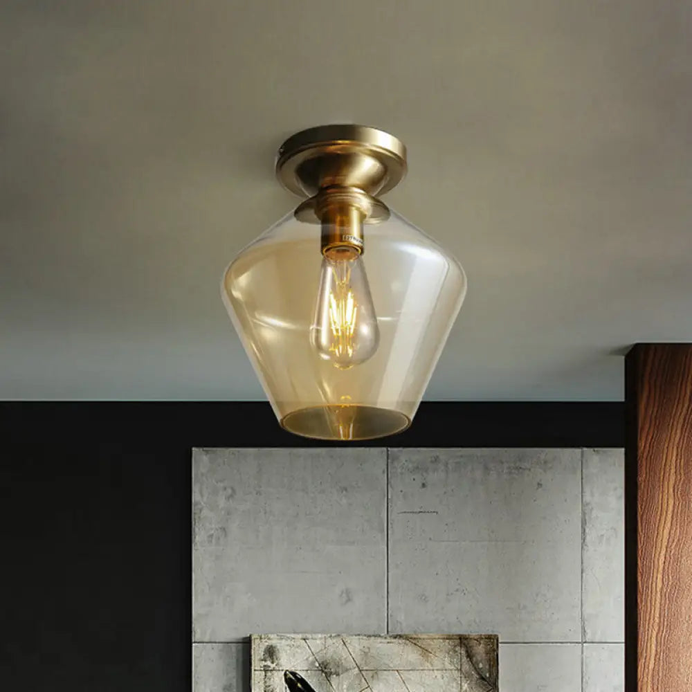 Contemporary Brass Flush Ceiling Fixture With Amber Glass Lampshade / Vase