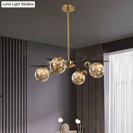 Contemporary Brass Globe Chandelier With Glowworm Design - Smoke Gray Glass 4/6 Lights 4 /