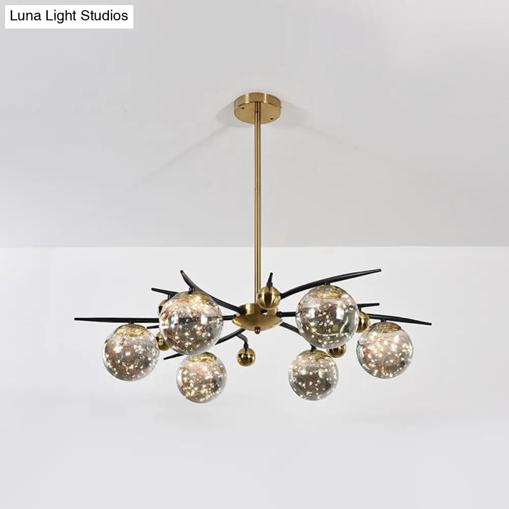 Contemporary Brass Globe Chandelier With Glowworm Design - Smoke Gray Glass 4/6 Lights