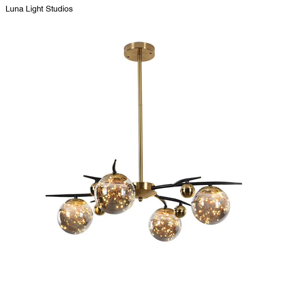 Contemporary Brass Globe Chandelier With Glowworm Design - 4/6 Lights Smoke Gray Glass Radial