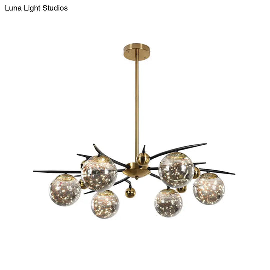 Contemporary Brass Globe Chandelier With Glowworm Design - Smoke Gray Glass 4/6 Lights