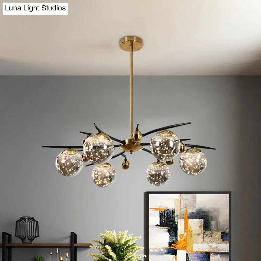 Contemporary Brass Globe Chandelier With Glowworm Design - Smoke Gray Glass 4/6 Lights