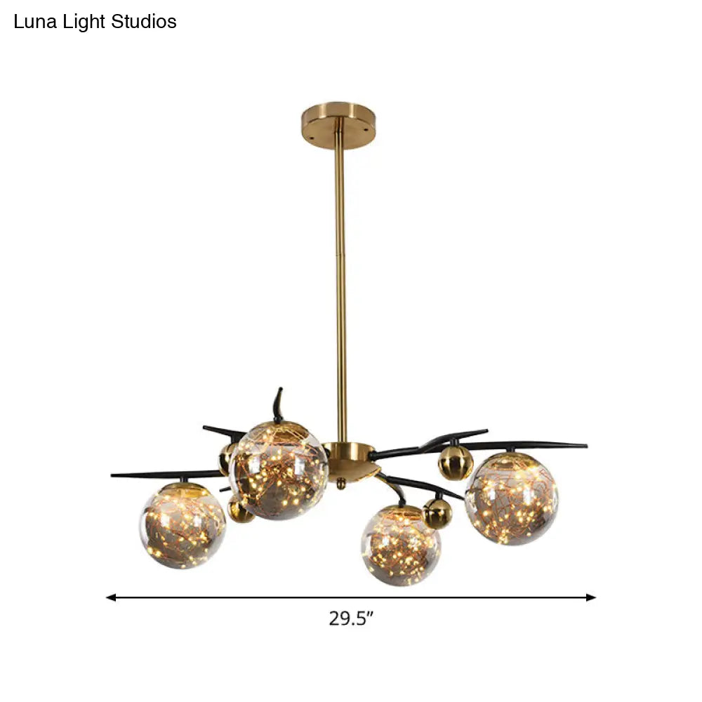 Contemporary Brass Globe Chandelier With Glowworm Design - Smoke Gray Glass 4/6 Lights