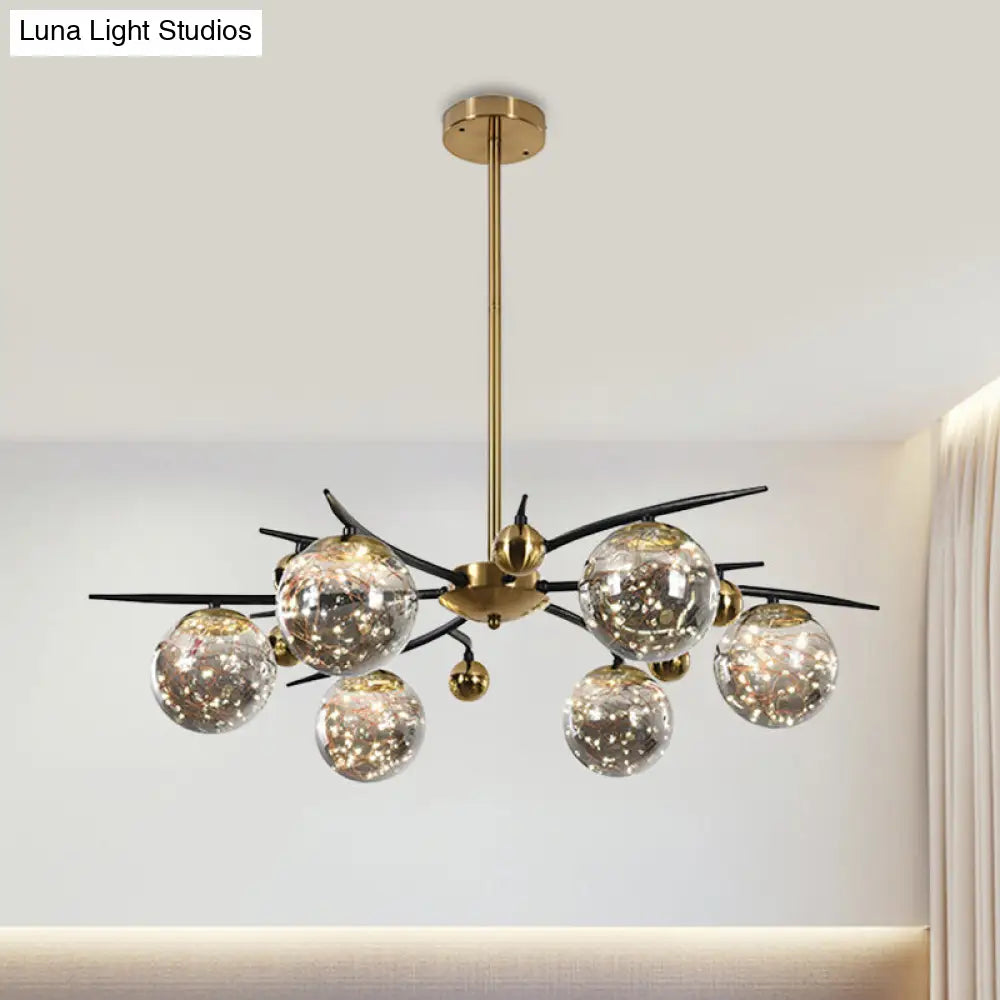 Contemporary Brass Globe Chandelier With Glowworm Design - Smoke Gray Glass 4/6 Lights 6 /