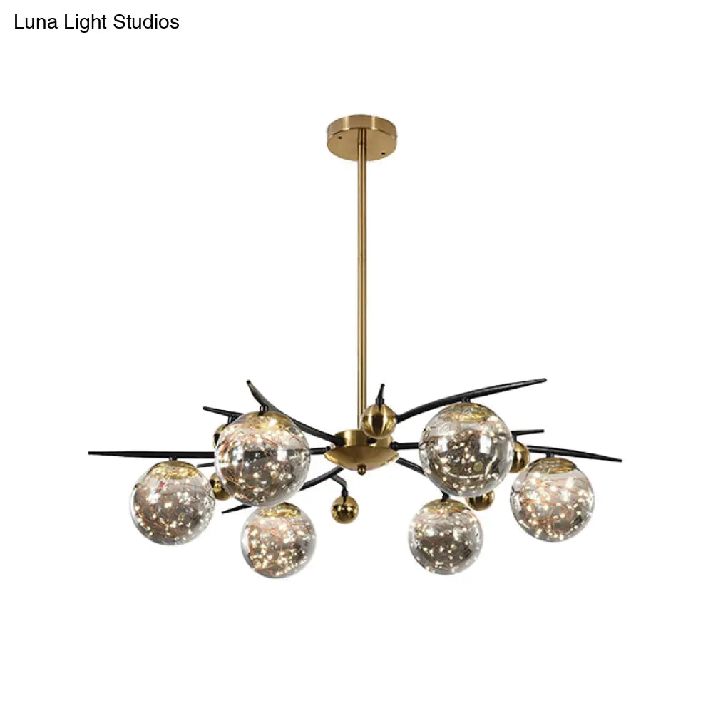 Contemporary Brass Globe Chandelier With Glowworm Design - 4/6 Lights Smoke Gray Glass Radial