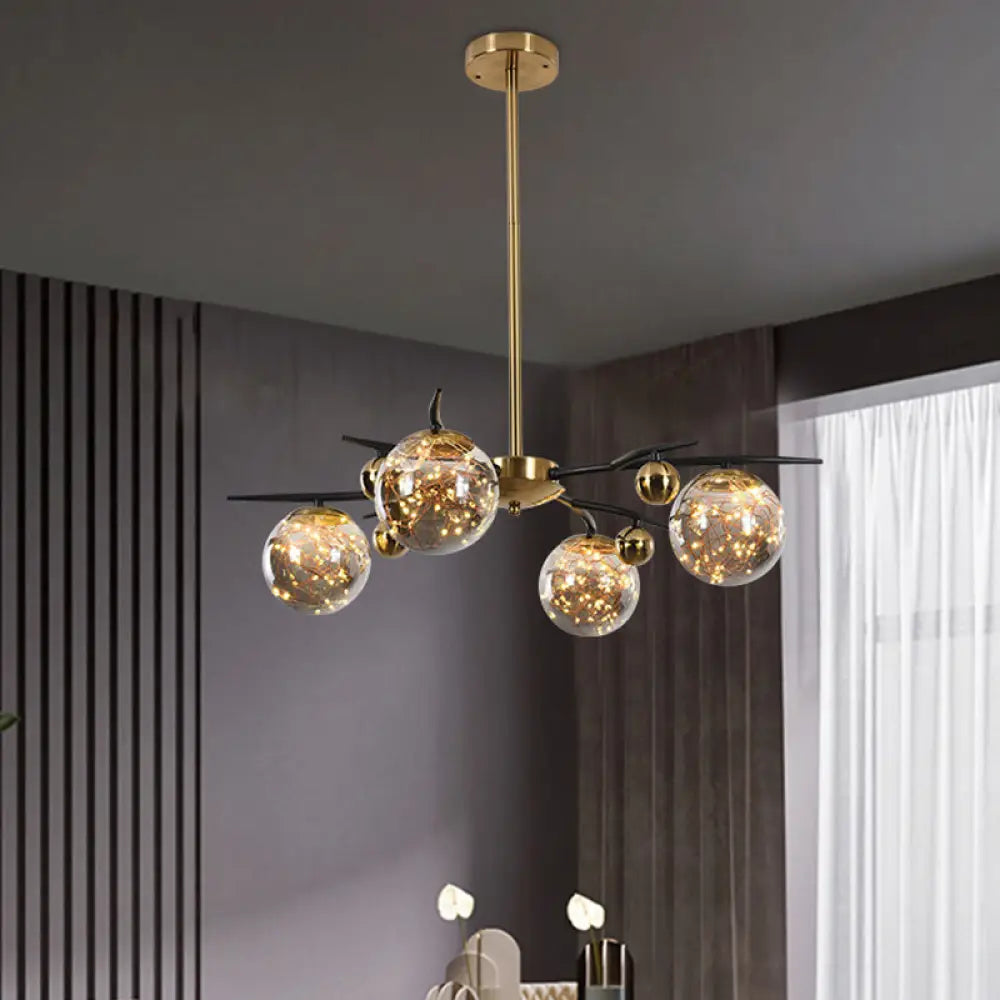 Contemporary Brass Globe Chandelier With Glowworm Design - 4/6 Lights Smoke Gray Glass Radial