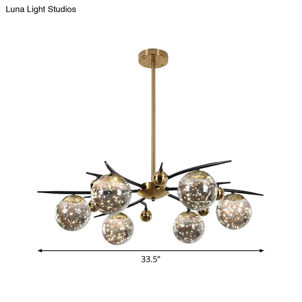 Contemporary Brass Globe Chandelier With Glowworm Design - 4/6 Lights Smoke Gray Glass Radial