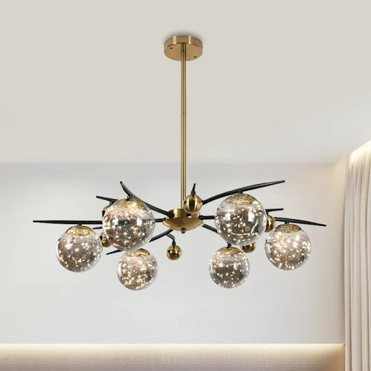 Contemporary Brass Globe Chandelier With Glowworm Design - 4/6 Lights Smoke Gray Glass Radial