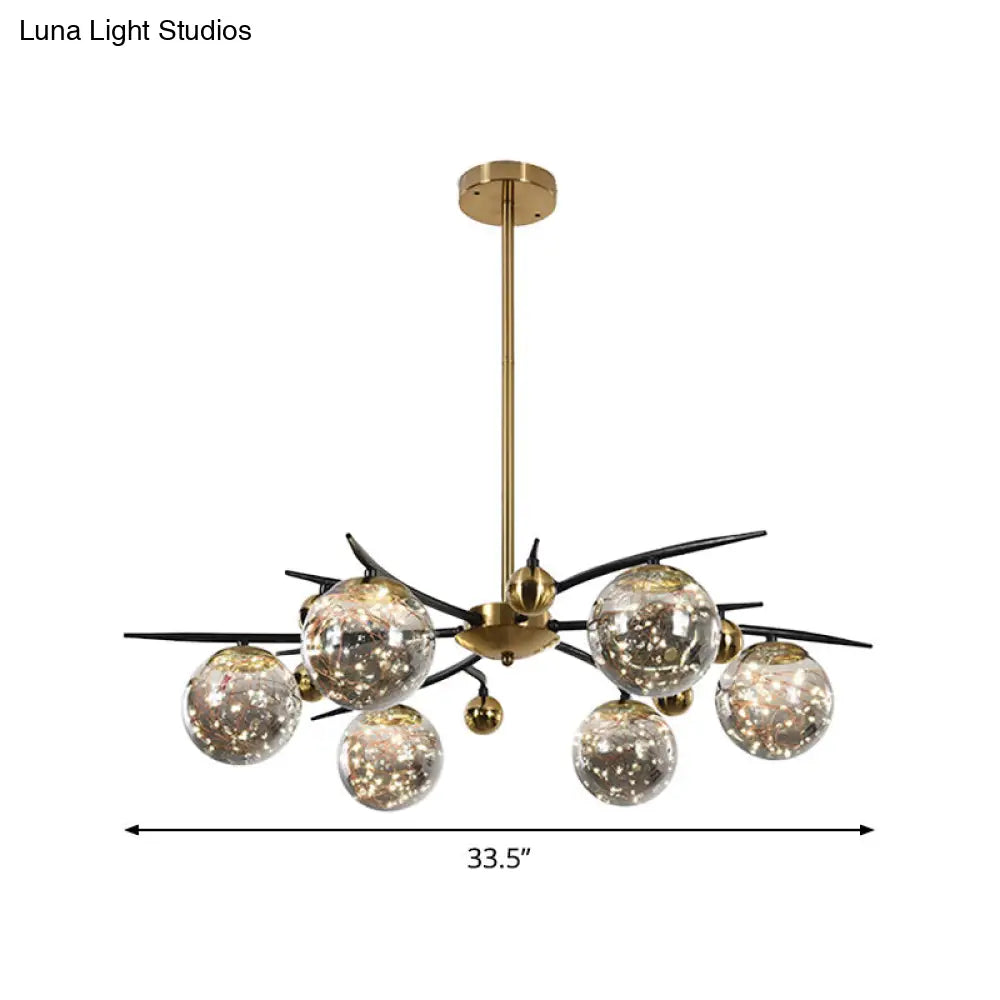 Contemporary Brass Globe Chandelier With Glowworm Design - Smoke Gray Glass 4/6 Lights