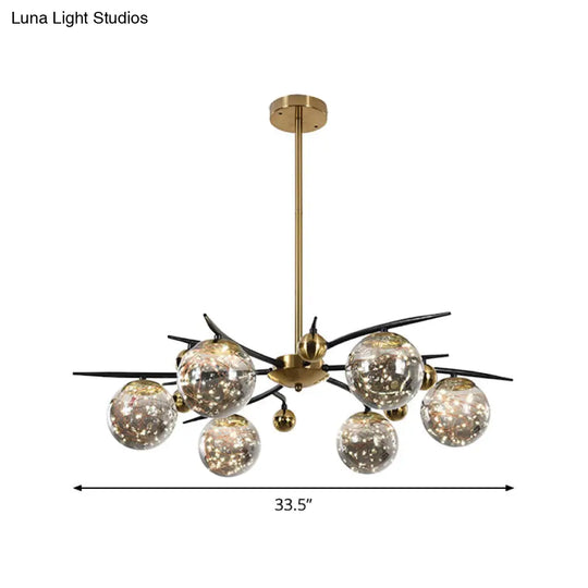 Contemporary Brass Globe Chandelier With Glowworm Design - Smoke Gray Glass 4/6 Lights