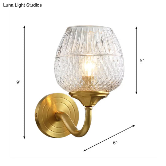 Contemporary Brass Lattice Brandy Glass Wall Sconce - Curved Arm Single Mounted Lamp