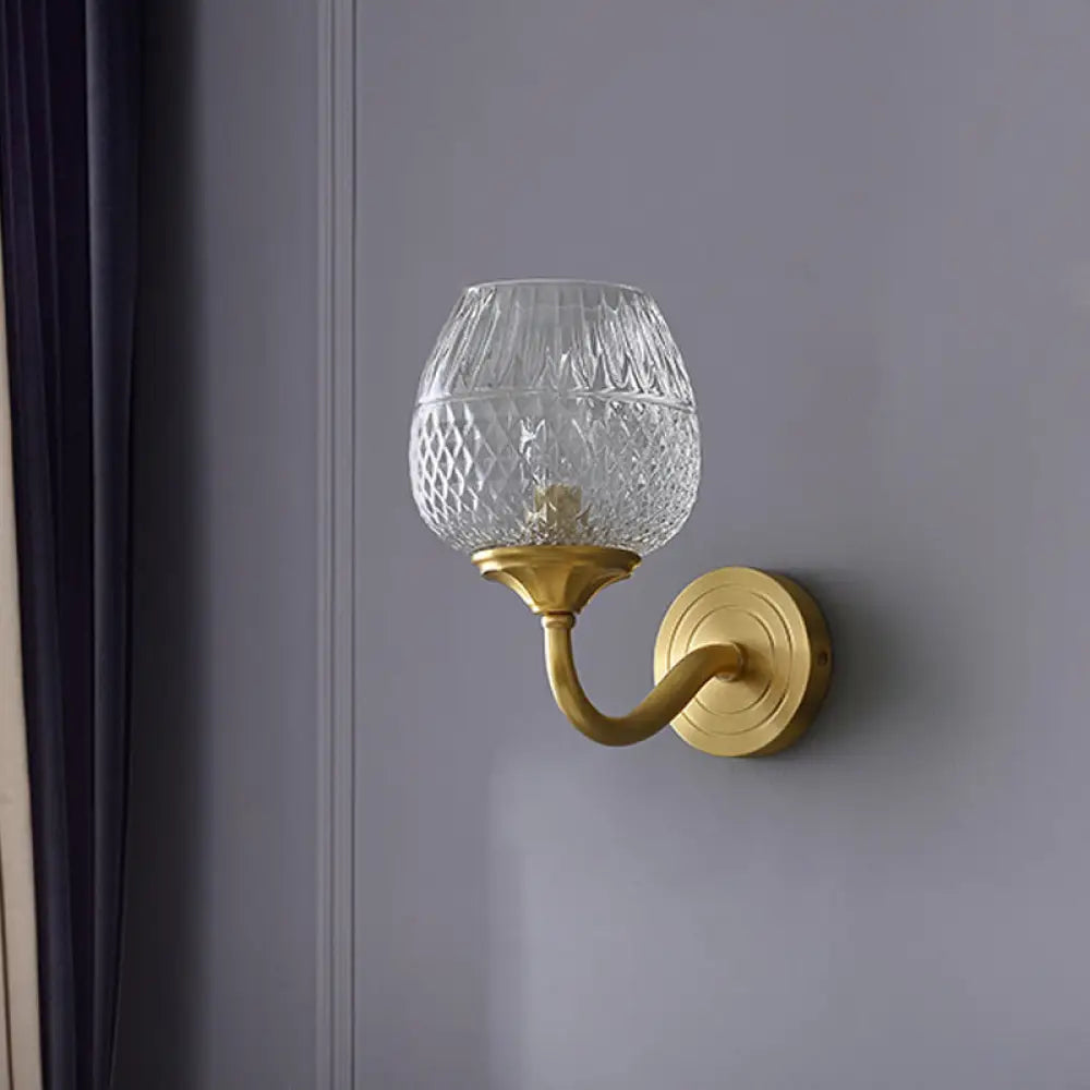 Contemporary Brass Lattice Brandy Glass Wall Sconce - Curved Arm Single Mounted Lamp