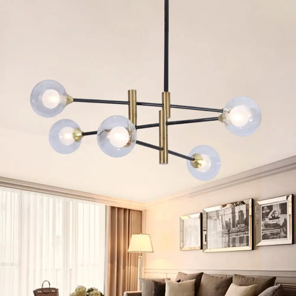 Contemporary Brass Pendant Lamp- 6-Light Bedroom Linear Chandelier With Clear Glass Shades