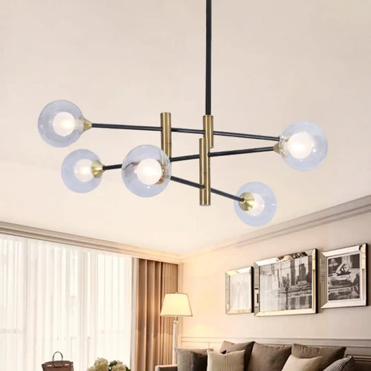 Contemporary Brass Pendant Lamp- 6-Light Bedroom Linear Chandelier With Clear Glass Shades