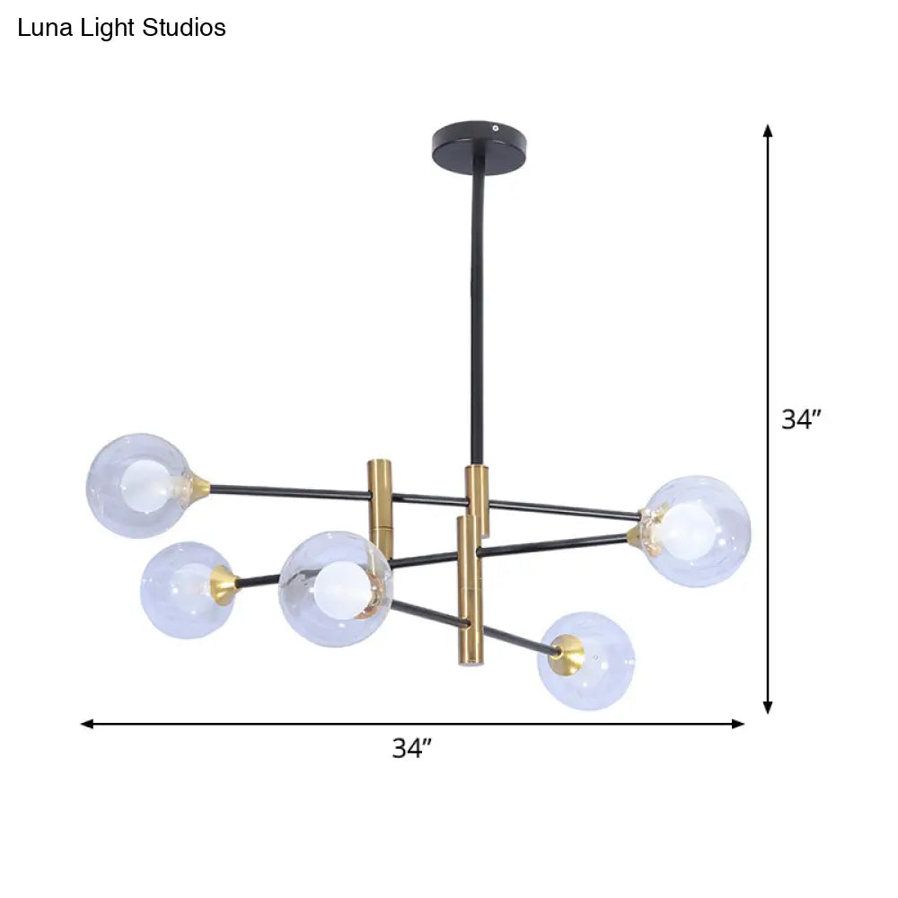 Contemporary Brass Pendant Lamp- 6-Light Bedroom Linear Chandelier With Clear Glass Shades