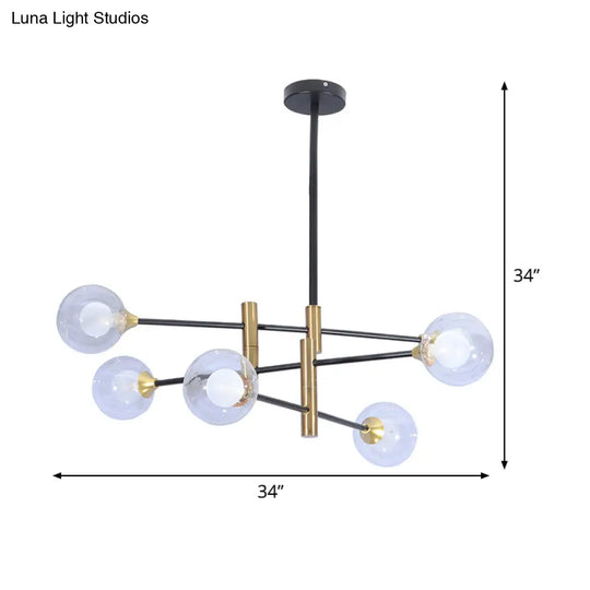 Contemporary Brass Pendant Lamp- 6-Light Bedroom Linear Chandelier With Clear Glass Shades