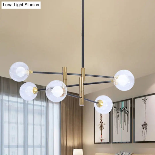 Contemporary Brass Pendant Lamp- 6-Light Bedroom Linear Chandelier With Clear Glass Shades