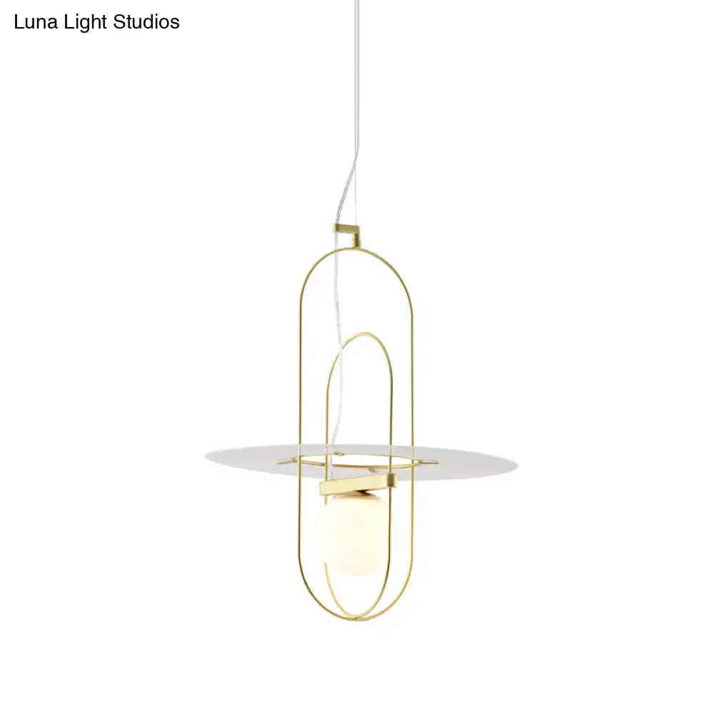 Contemporary Brass Pendant Light Fixture - Oval Frame 1 Head Suspended Metal With Glass Shade