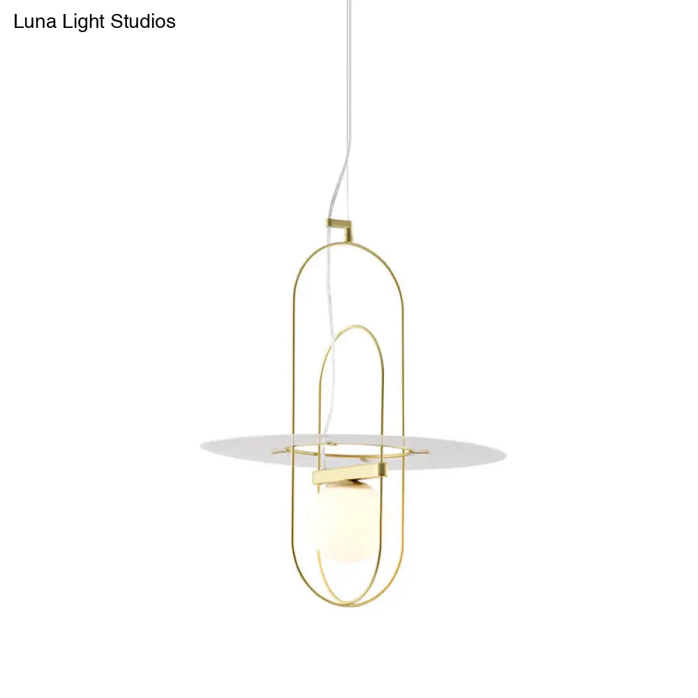 Contemporary Brass Oval Frame Pendant Light With Glass Shade - Metal Suspension Fixture 1 Head