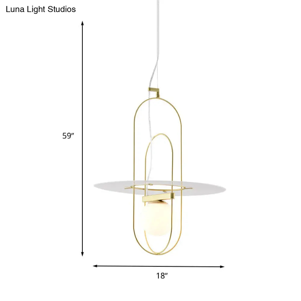 Contemporary Brass Oval Frame Pendant Light With Glass Shade - Metal Suspension Fixture 1 Head