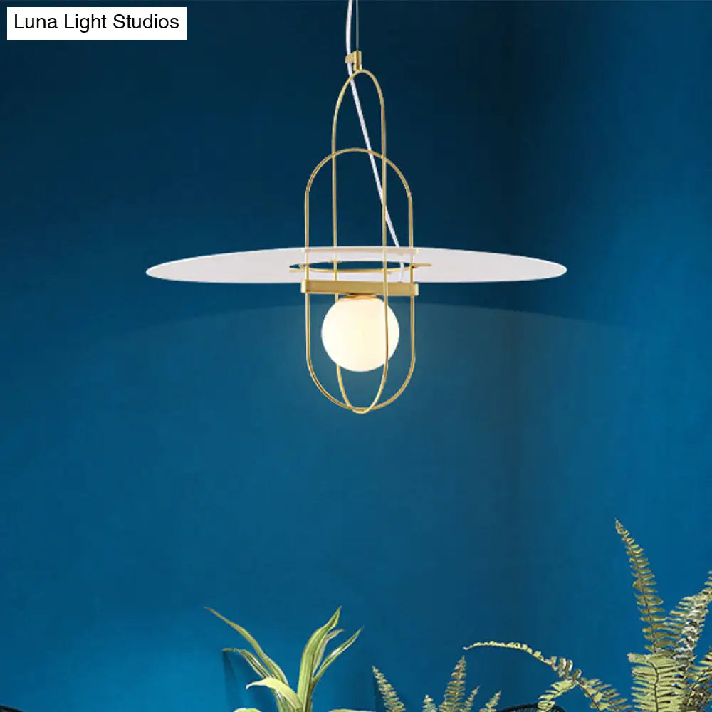 Contemporary Brass Oval Frame Pendant Light With Glass Shade - Metal Suspension Fixture 1 Head