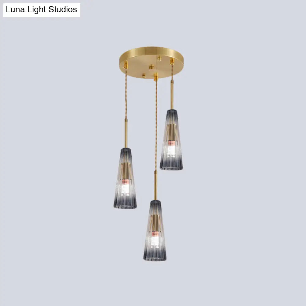 Restaurant Multi Lamp Pendant Light With Brass Down And Grey Prismatic Glass Shade