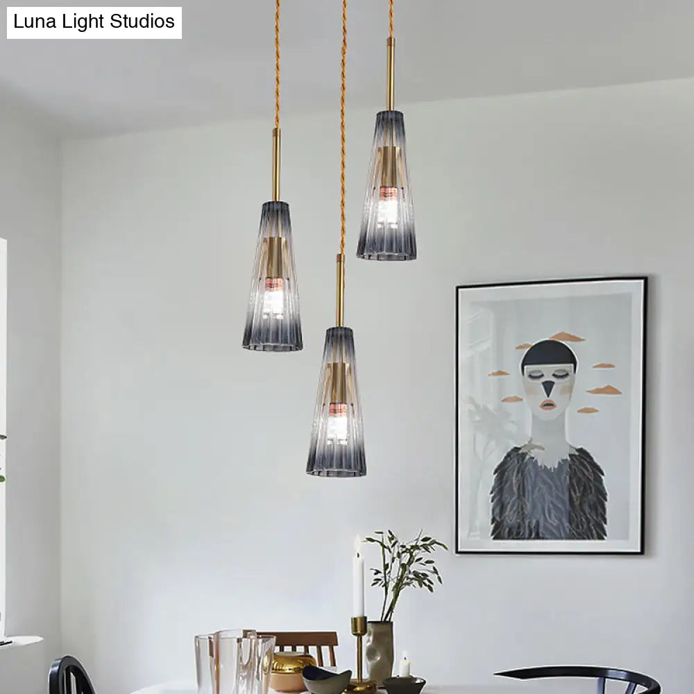 Restaurant Multi Lamp Pendant Light With Brass Down And Grey Prismatic Glass Shade